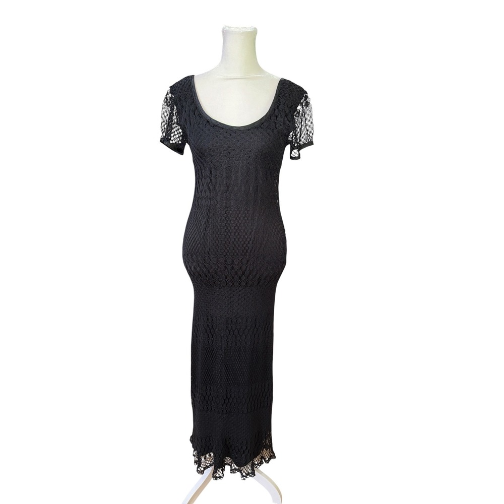 Vintage Breakin Loose Black Crochet Maxi Dress Short Sleeve Scoop Neck Size 7/8